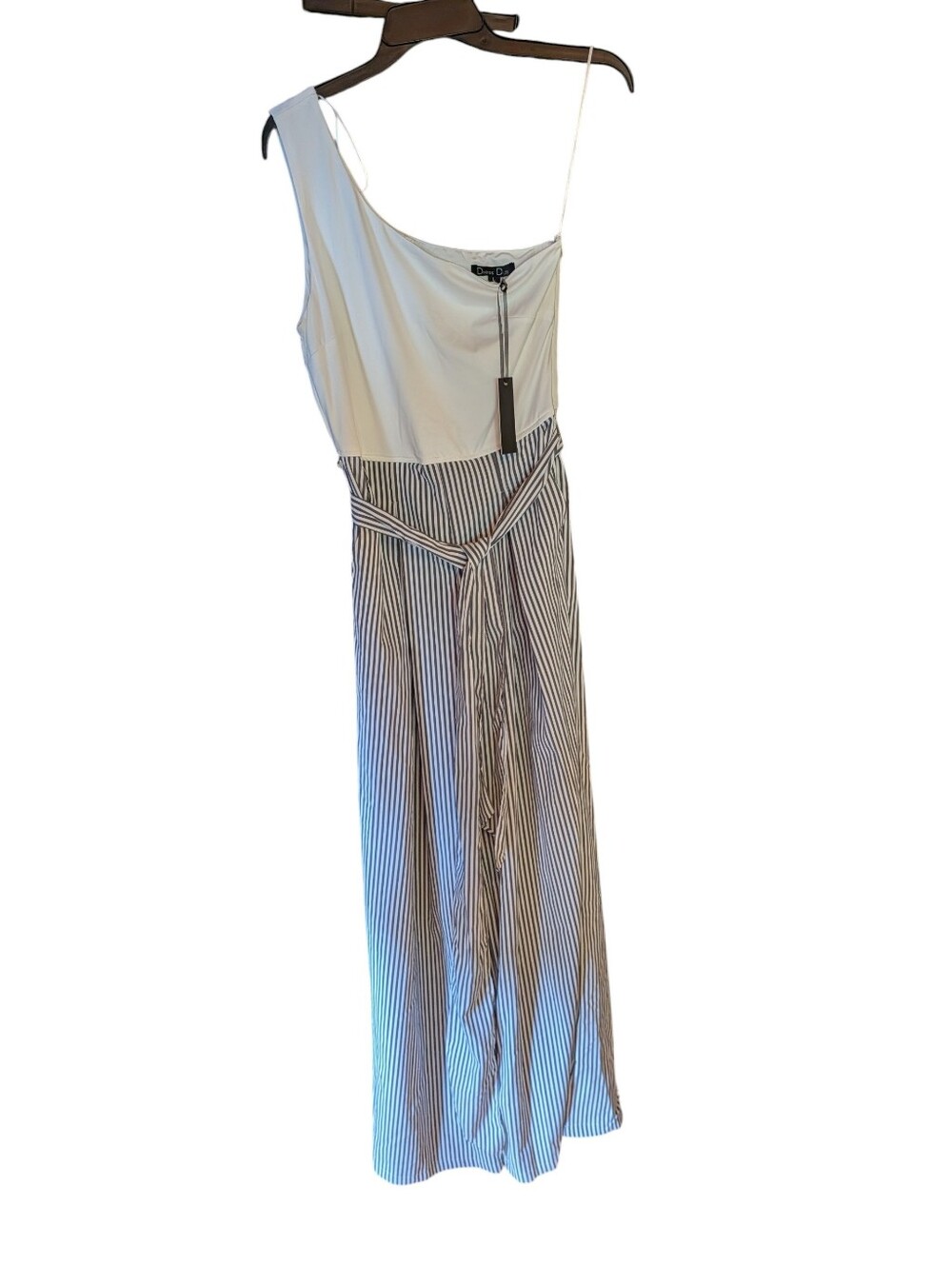 Dress Day NWT One Shoulder Jumpsuit, Wide Leg Striped Pants White Top Size L
